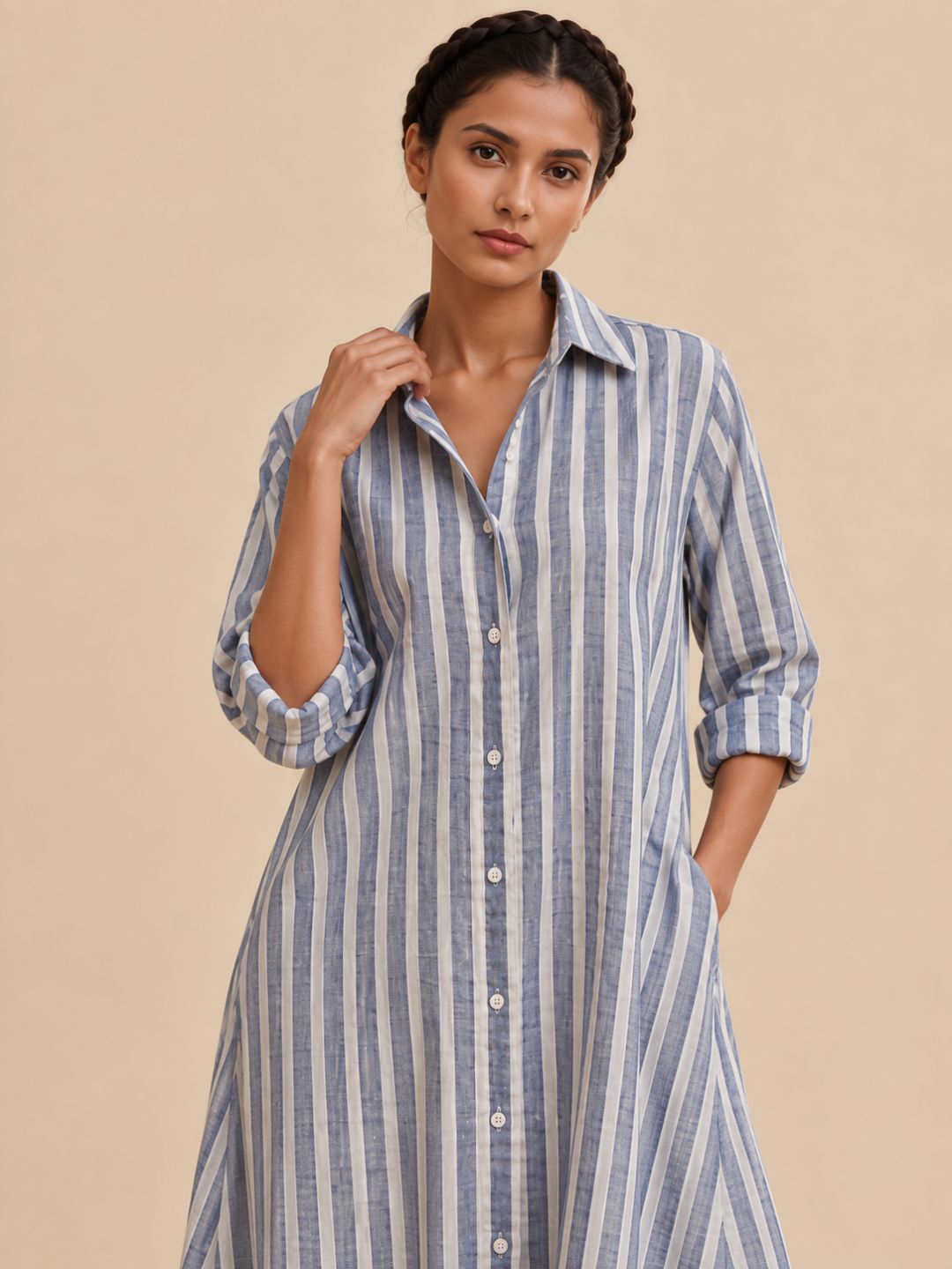 Navy Blue Stripes Long Shirt Dress