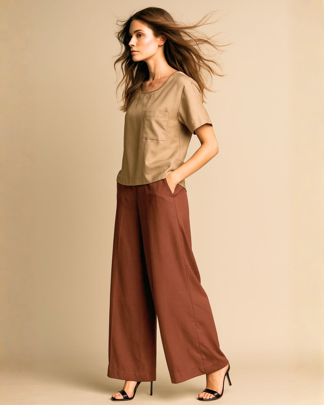 Wome Beige Silk Top & Dark Brown Silk Pant Set