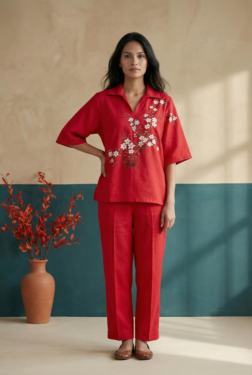 Red Long Kimono Hand Painted Top