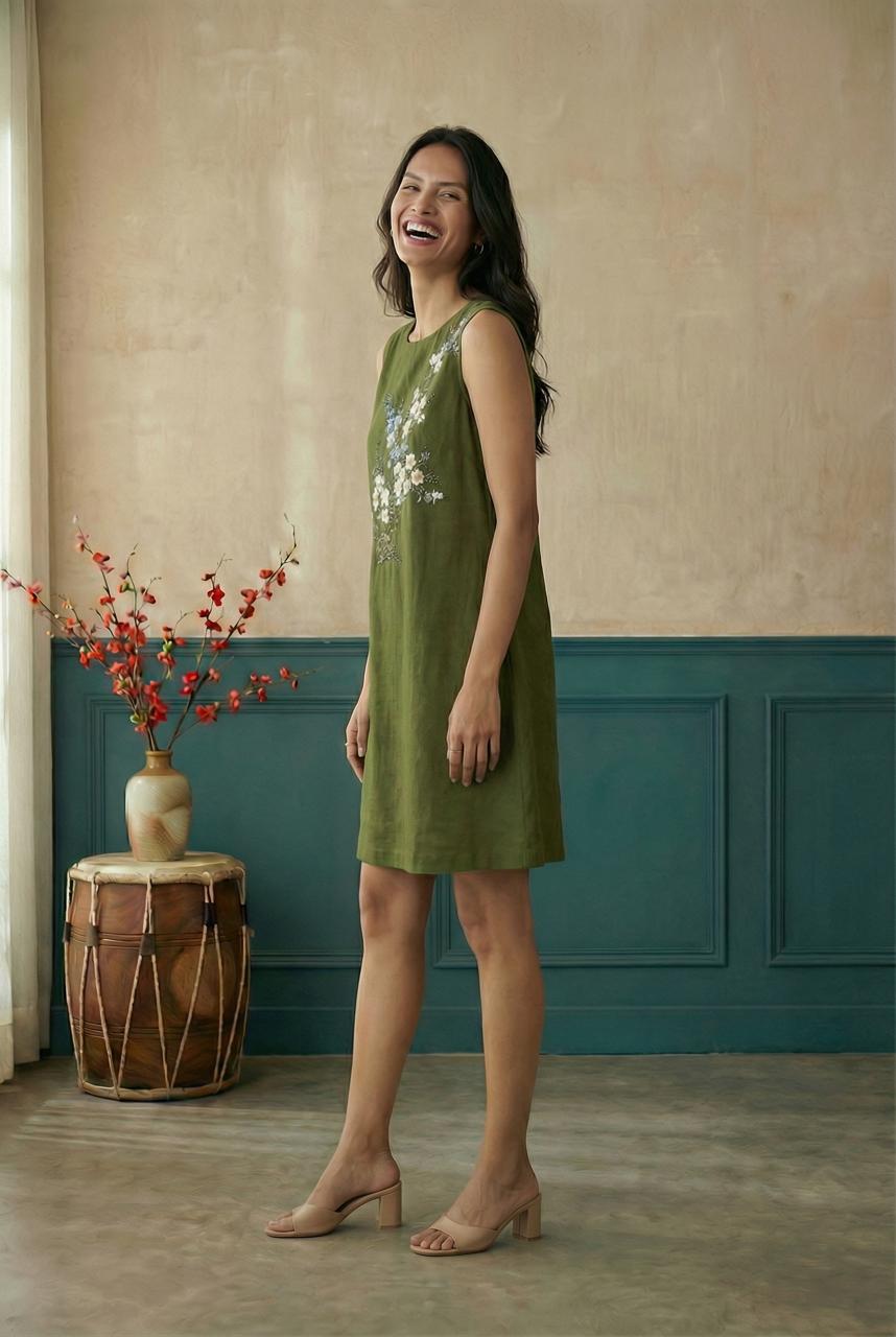 Olive Sleeveless A-Line Hand Painted Dress