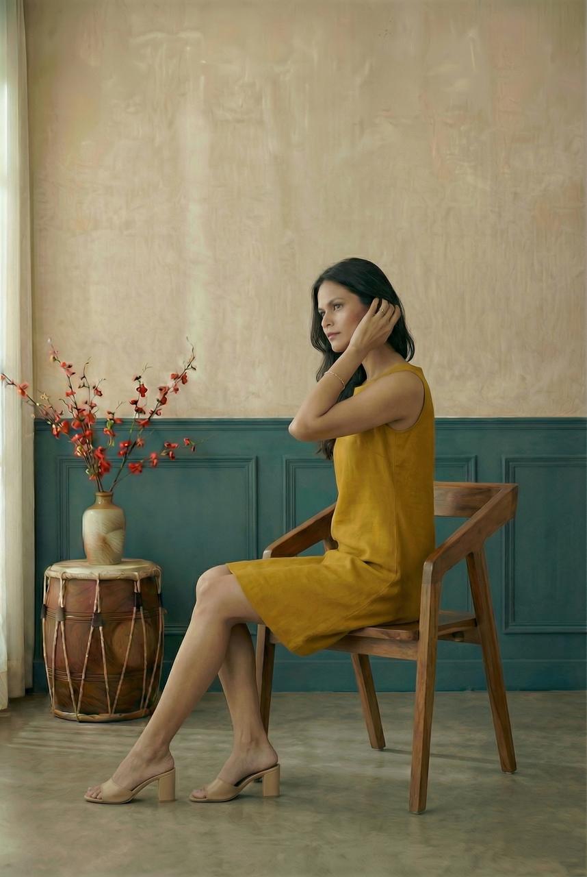 Mustard Sleeveless A-Line Hand Painted Dress