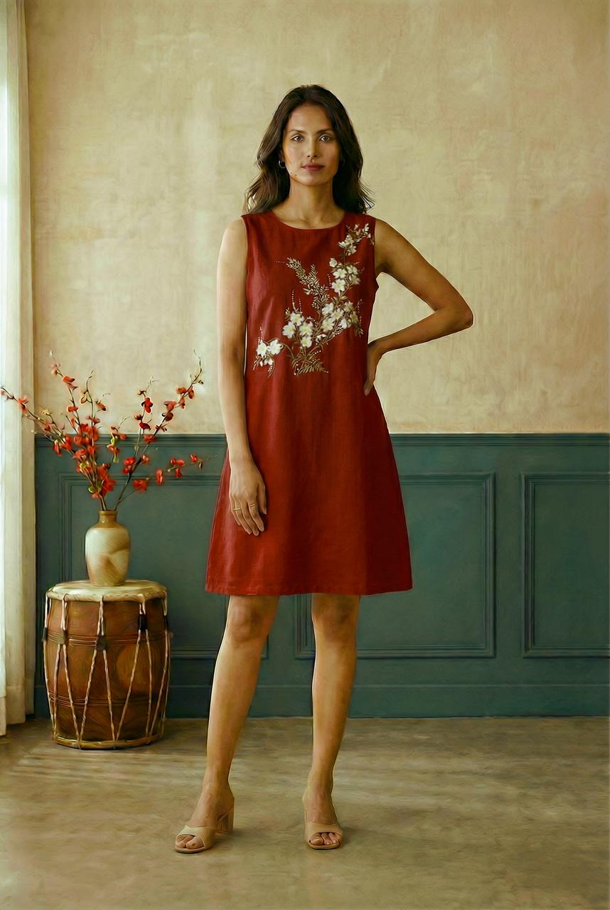 Red Sleeveless A-Line Hand Painted Dress