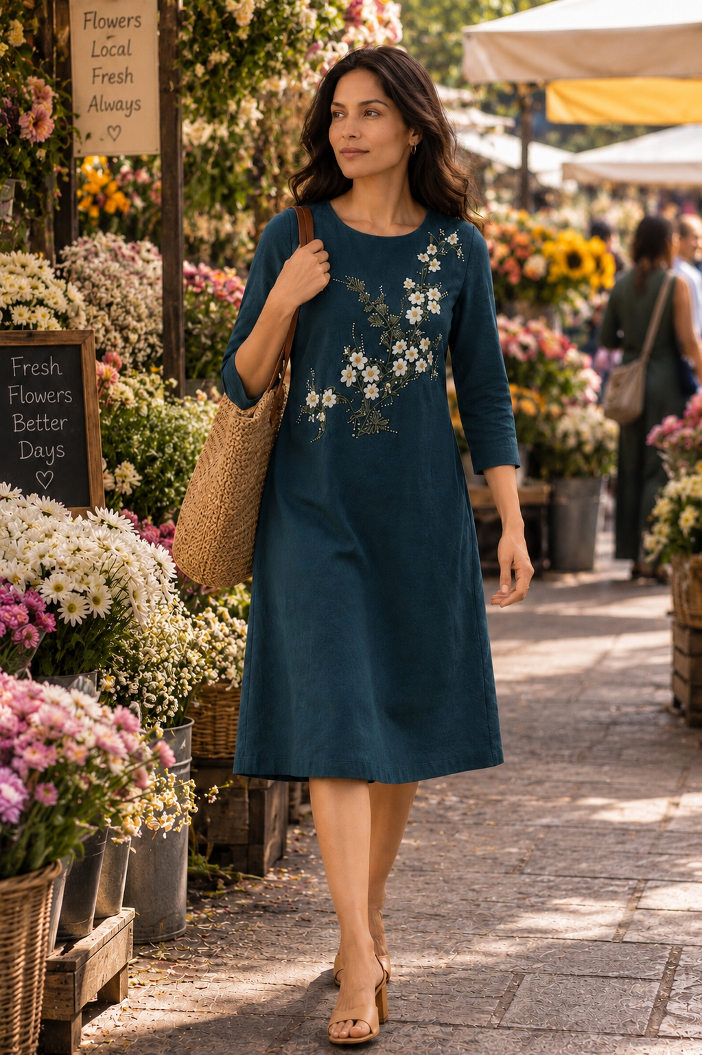 Teal A-Line Below-Knee Hand-Painted Dress