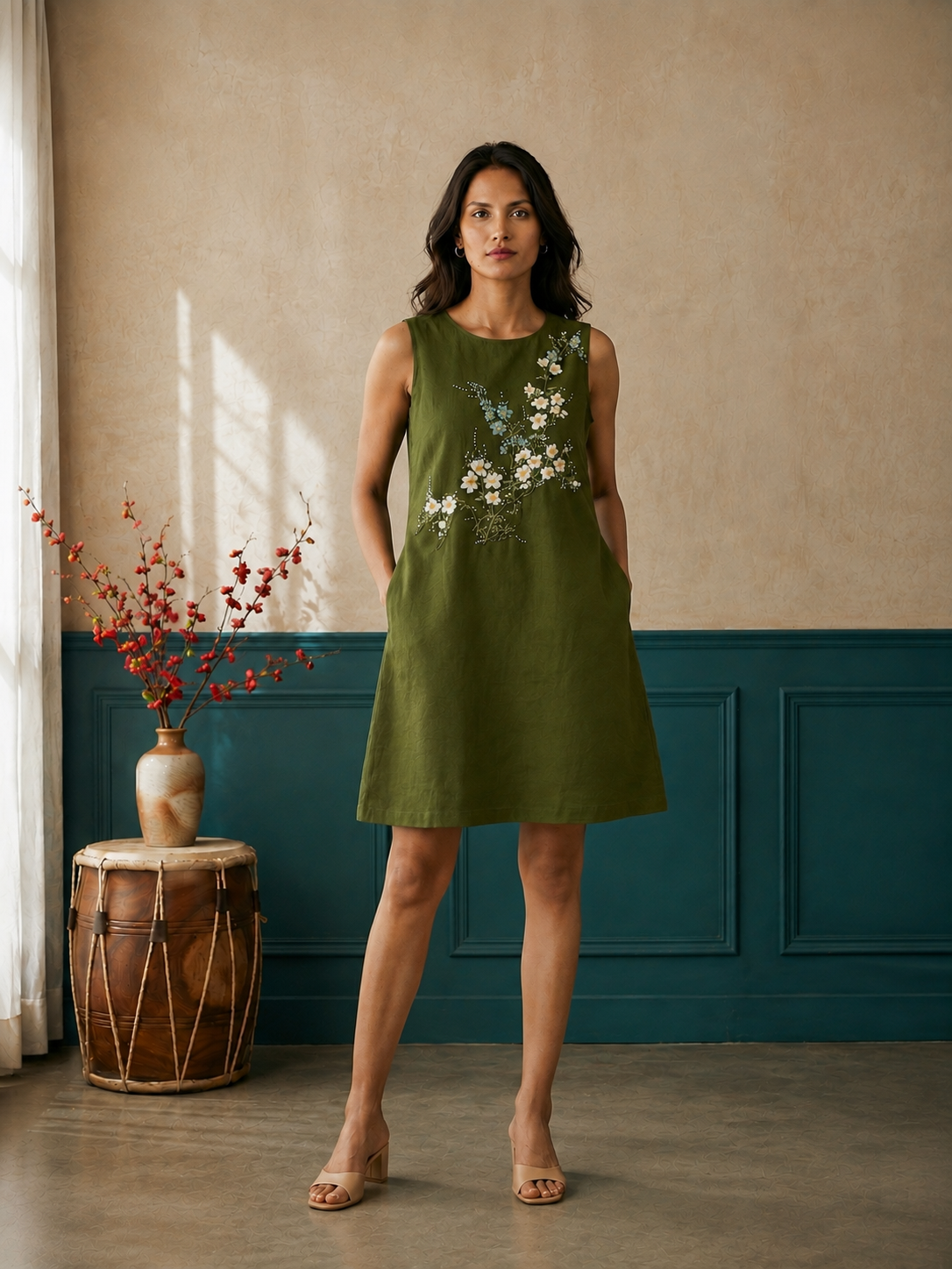 Olive Sleeveless A-Line Dress
