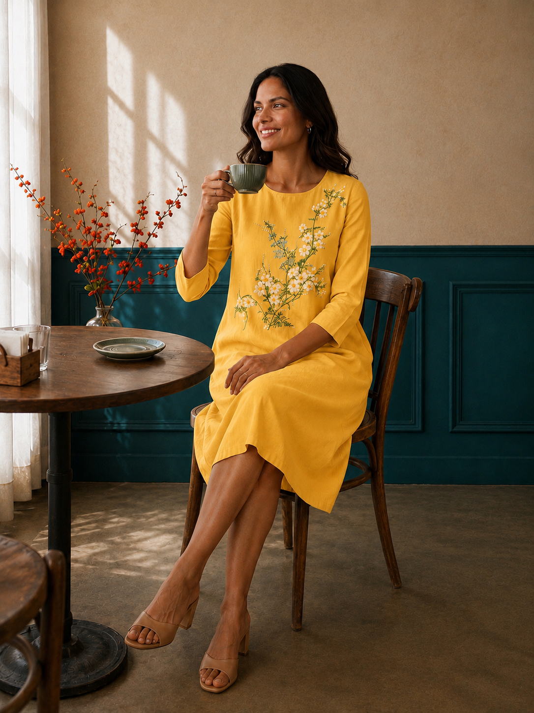 Yellow A-Line Below-Knee Hand-Painted Dress