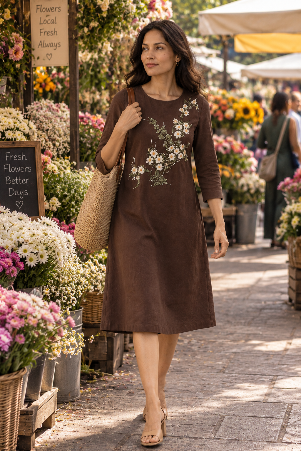 Brown A-Line Below-Knee Hand-Painted Dress