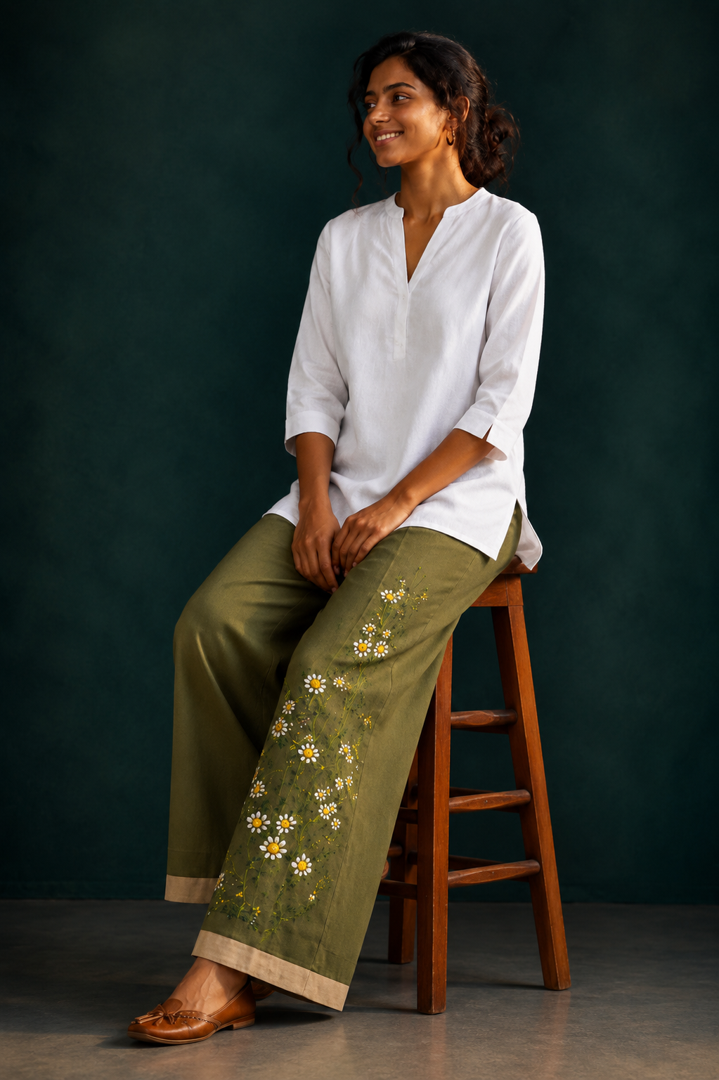 Women’s Olive Green Hand-Painted Floral Wide Leg Palazzo Pants