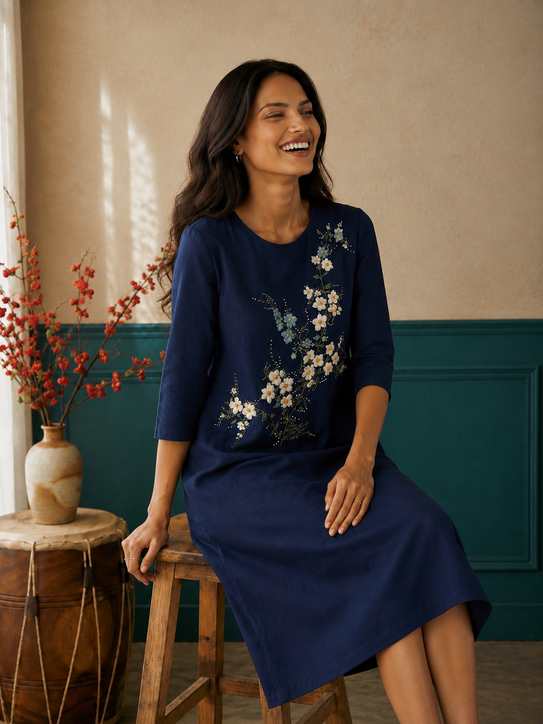 Navy Blue A-Line Below-Knee Hand-Painted Dress