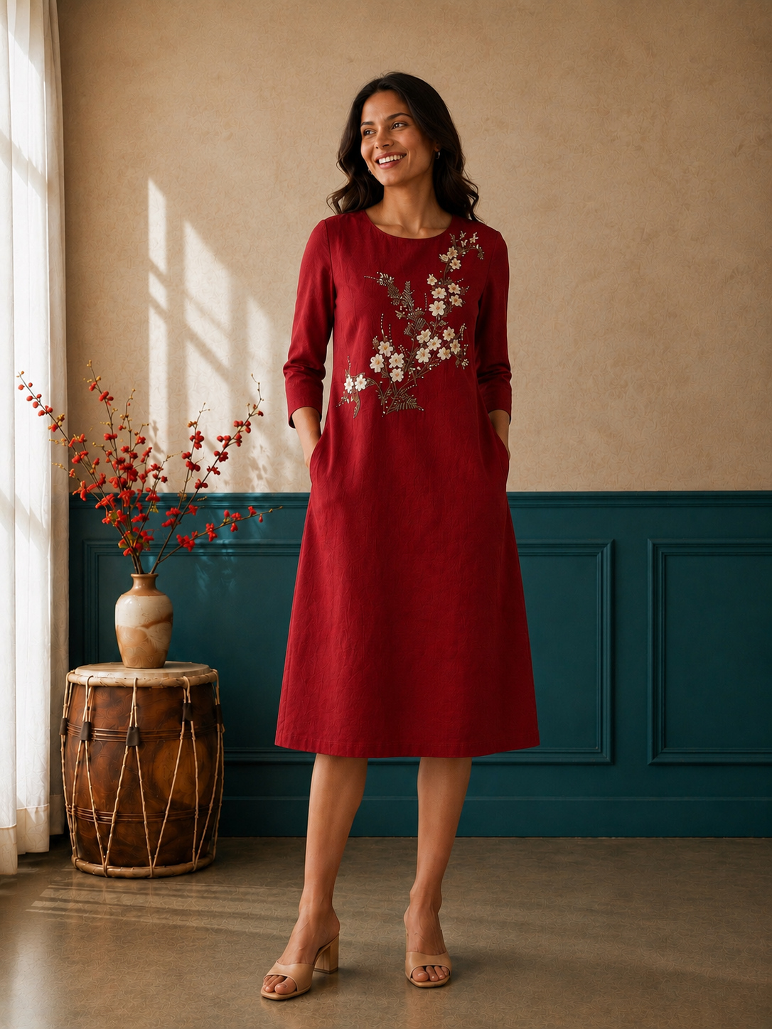 Red Hand Painted A-Line Dress