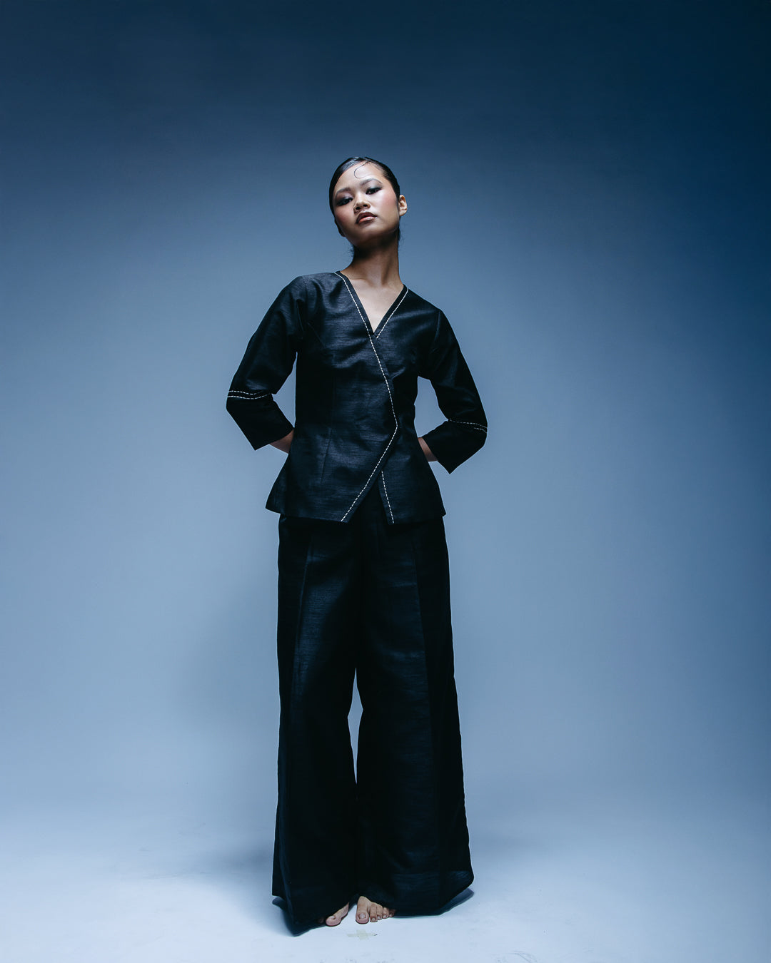 Black Straight Raw Silk Pants
