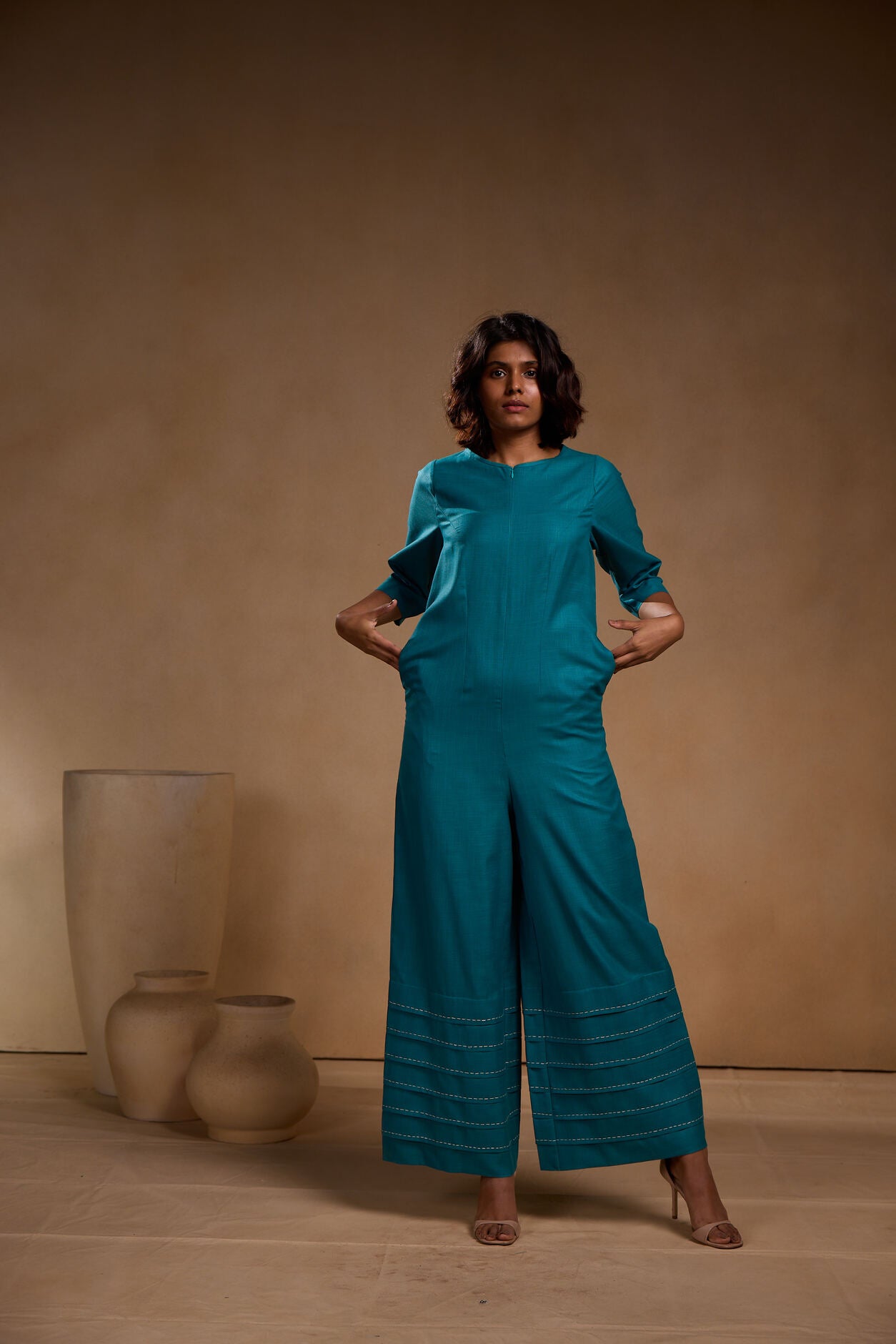 Blue Pleated long jumpsuit