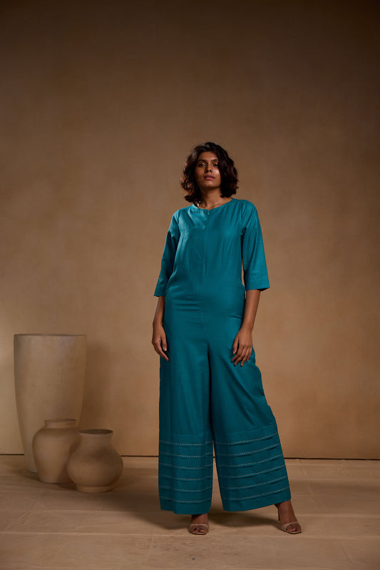 Blue Pleated long jumpsuit