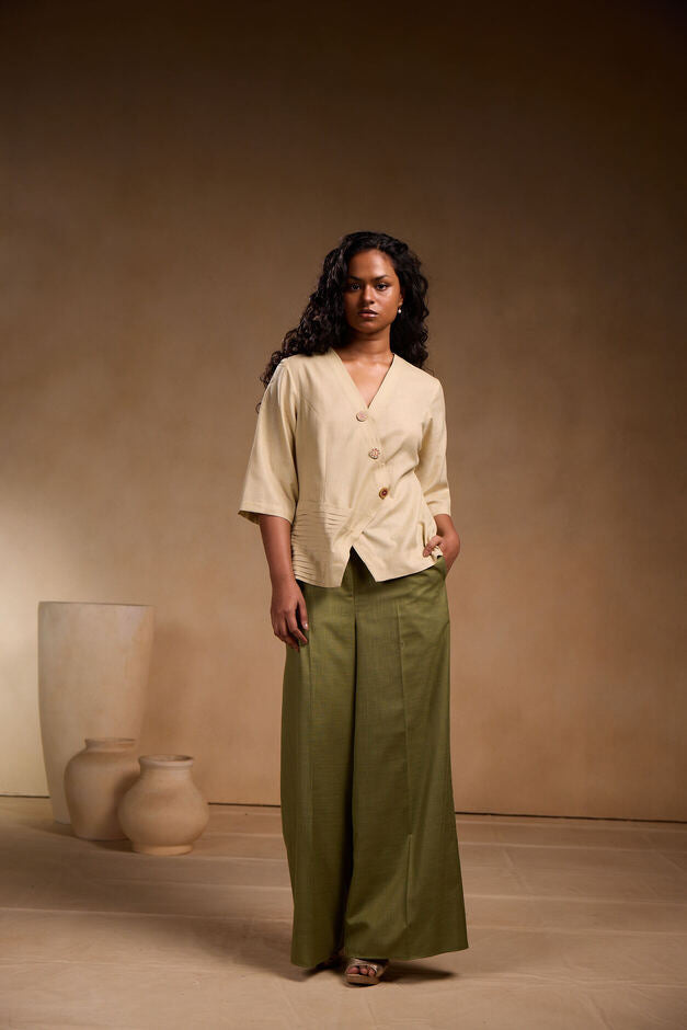 Crossover Beige Pleated Top with Pant Sets