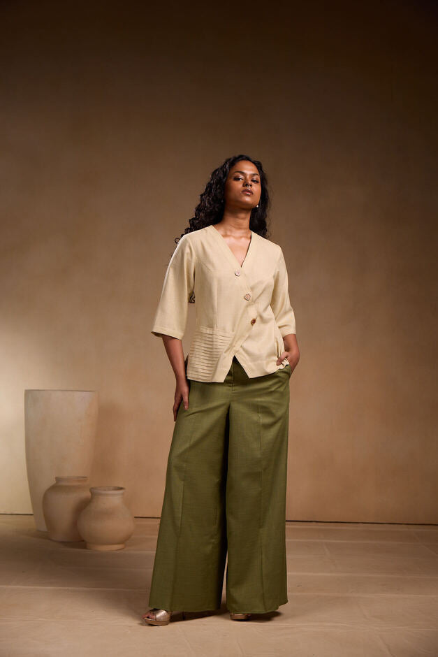 Crossover Beige Pleated Top with Pant Sets