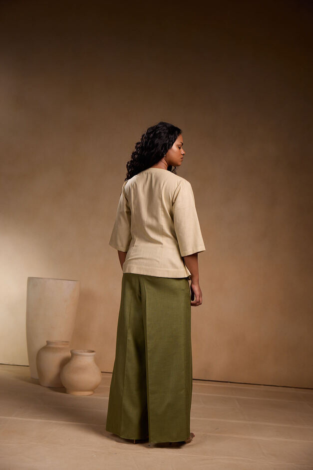 Crossover Beige Pleated Top with Pant Sets