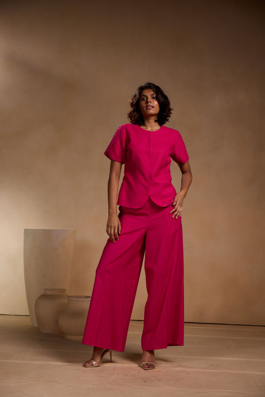 Short Pink pleated sleeve jacket with Pants Set