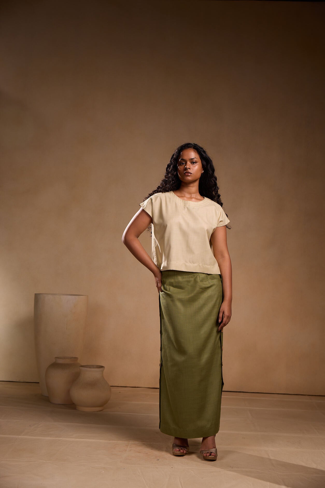Kimono top and long skirt with buttons