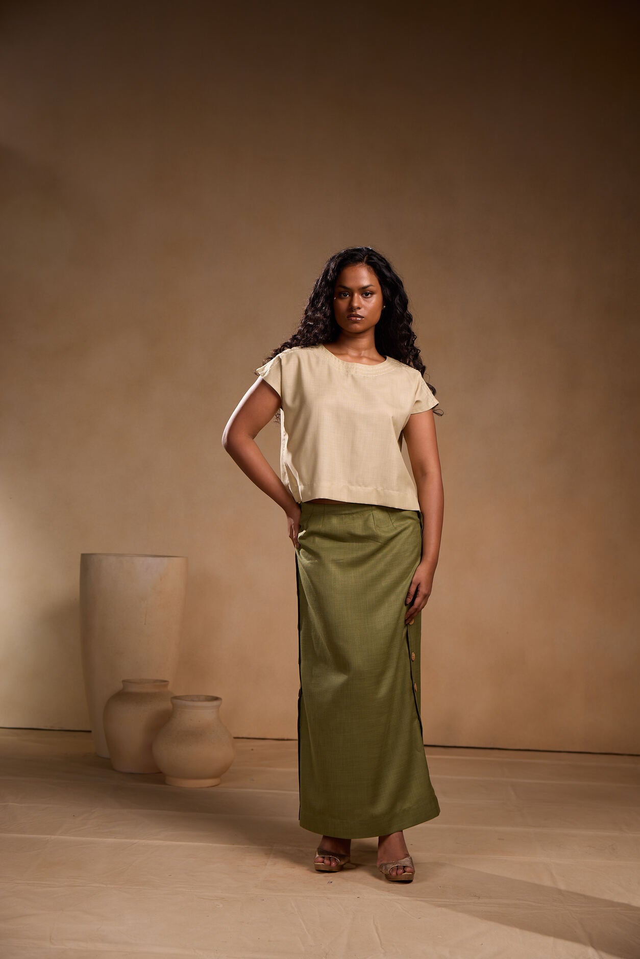 Kimono top and long skirt with buttons