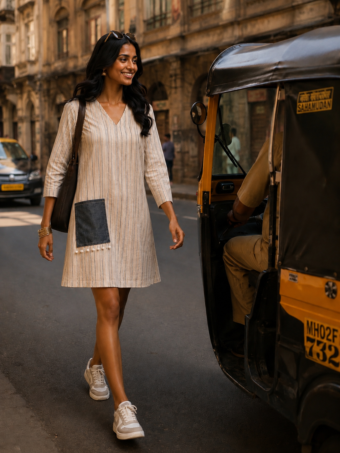 White Stripes A-Line Dress with denim pocket.