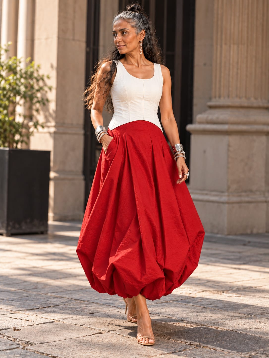 Red silk balloon skirt