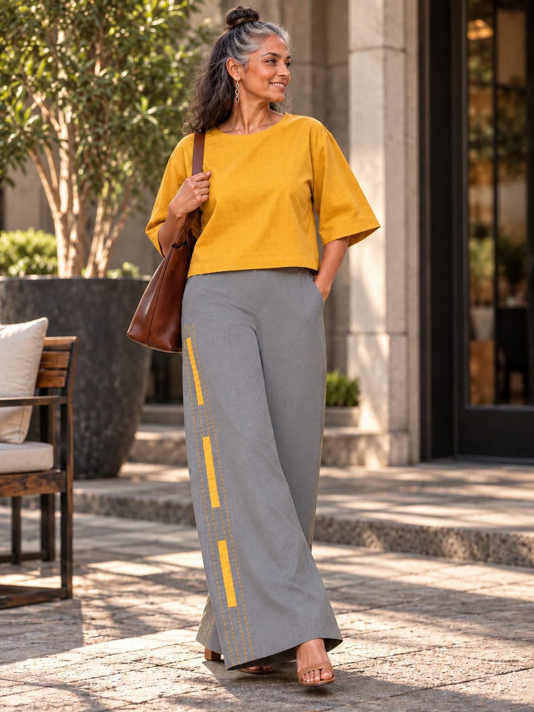 Yellow cotton embroidery top with boxy sleeves