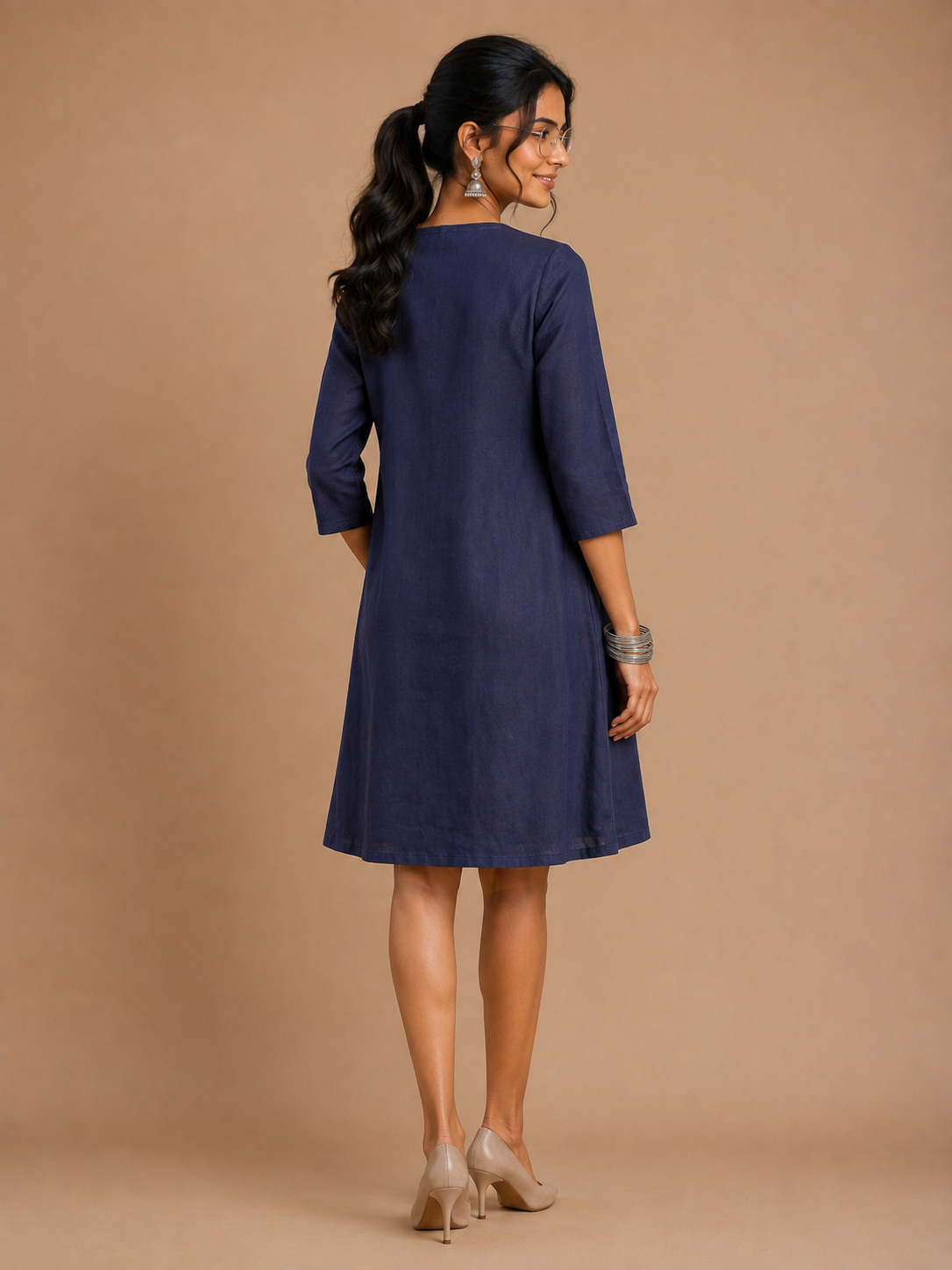 Navy Blue A-Line Dress with Checks pocket