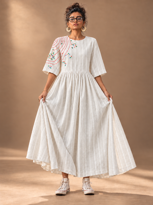 Off white stripes embroidery  dress with boxy sleeves