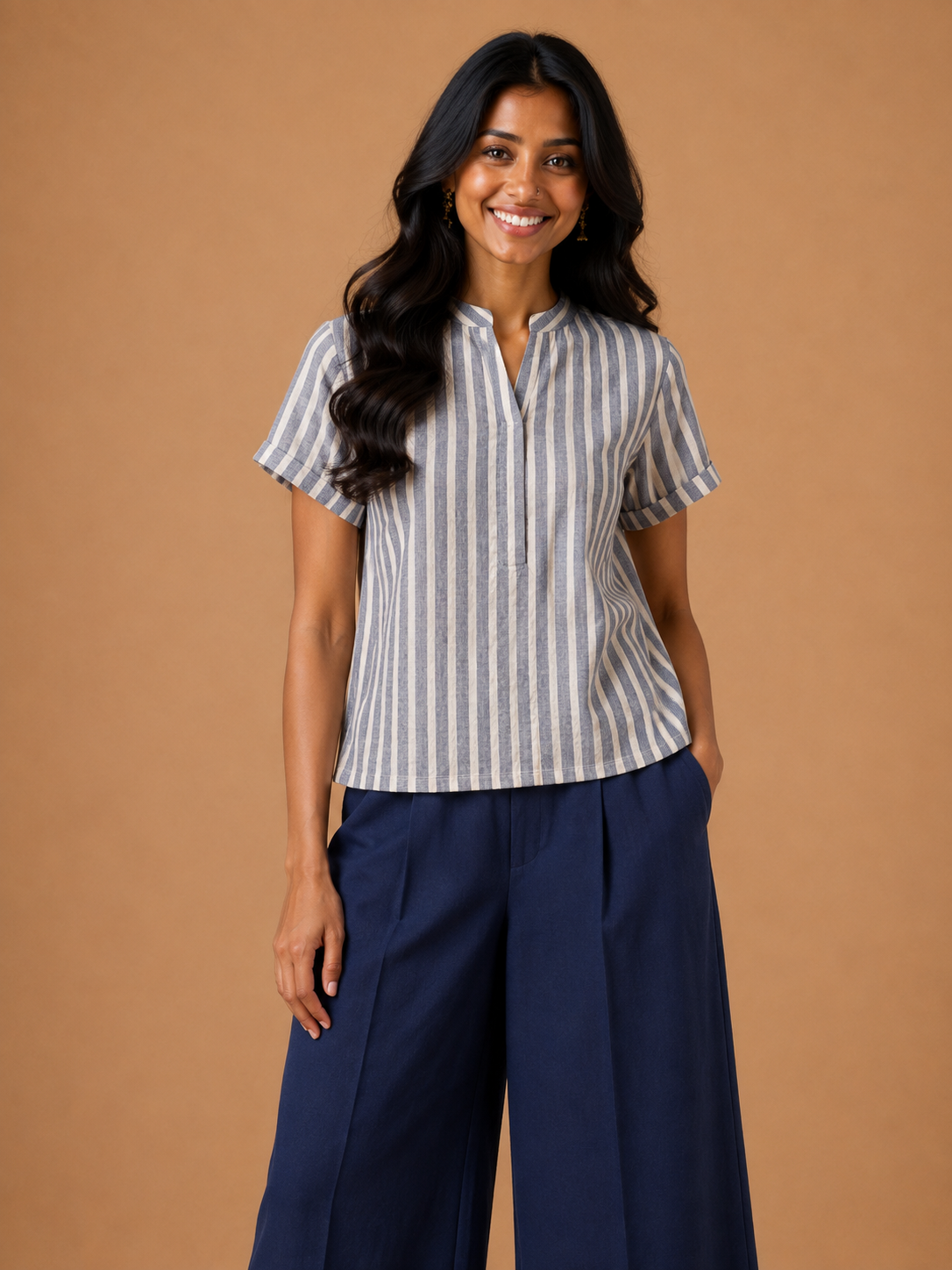 Navy Blue Stripes Chinese collar kimono top