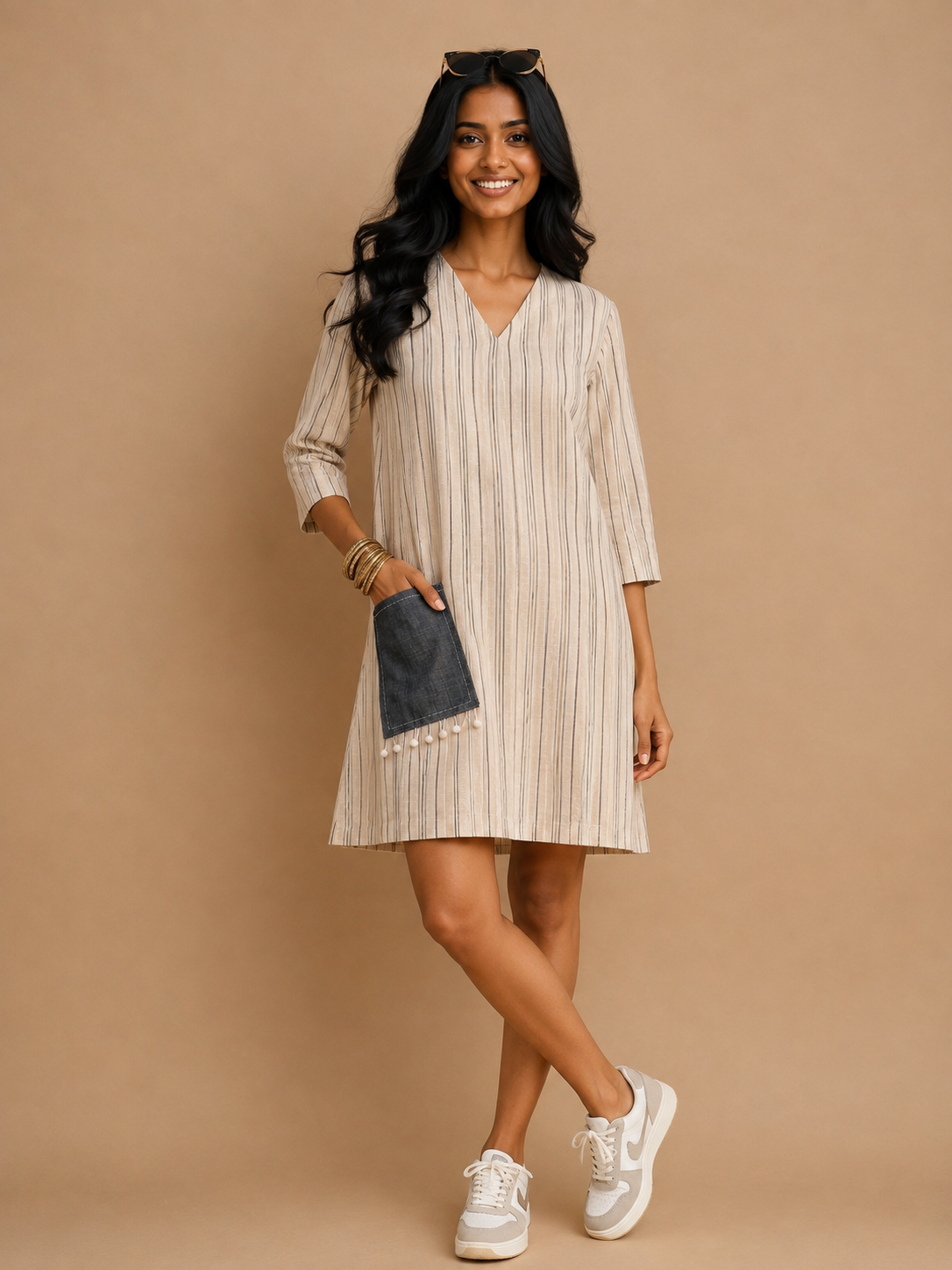 White Stripes A-Line Dress with denim pocket.