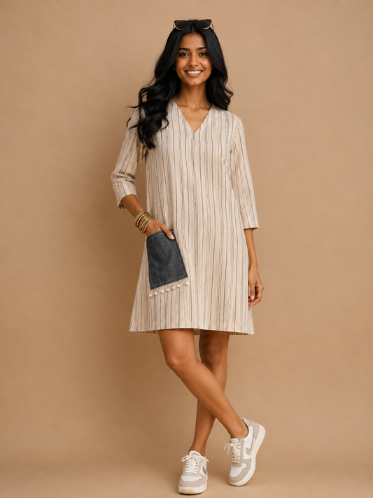White Stripes A-Line Dress with Pocket.