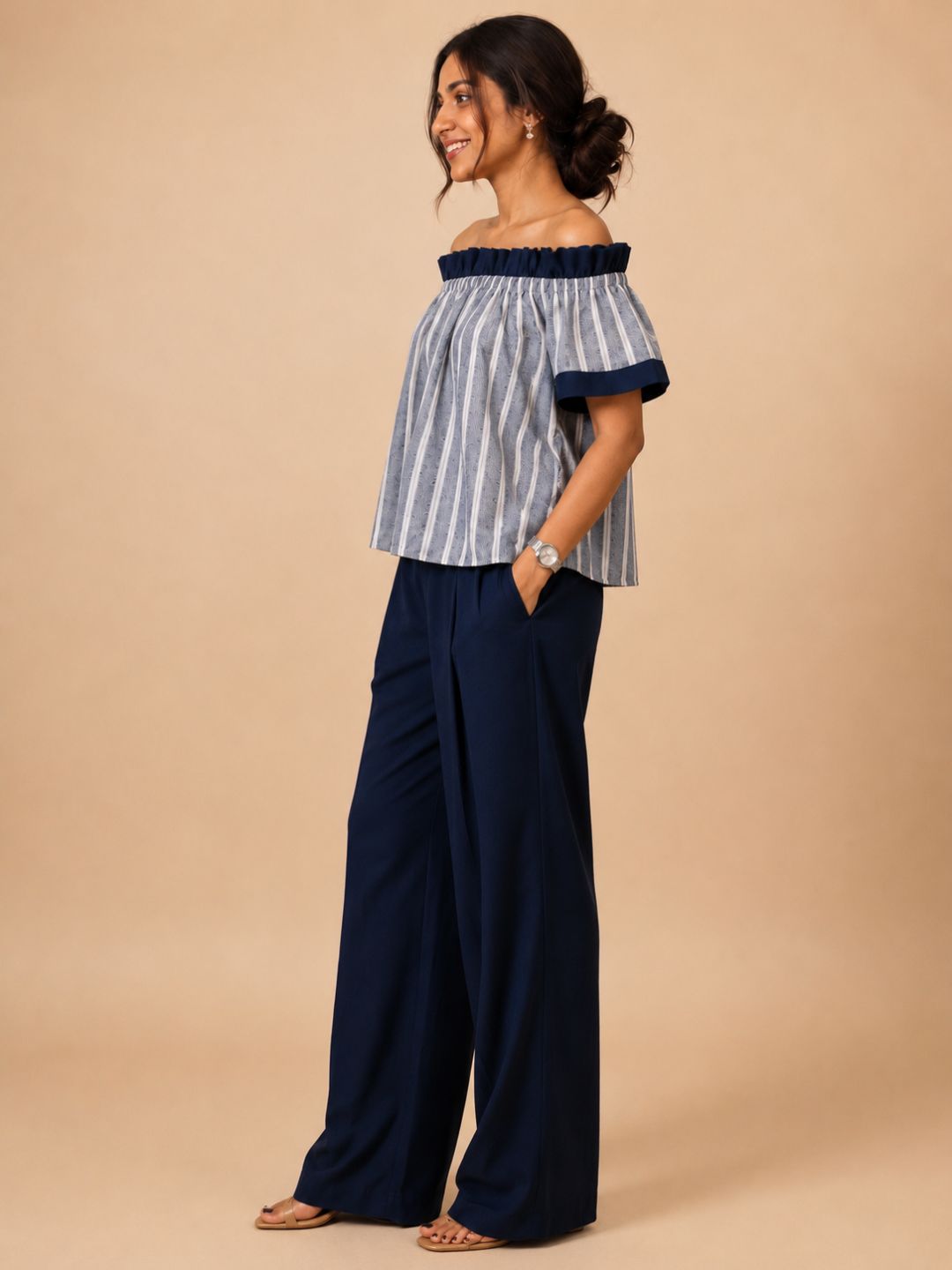 Women Cotton/linen blend Fabric Frill off shoulder top
