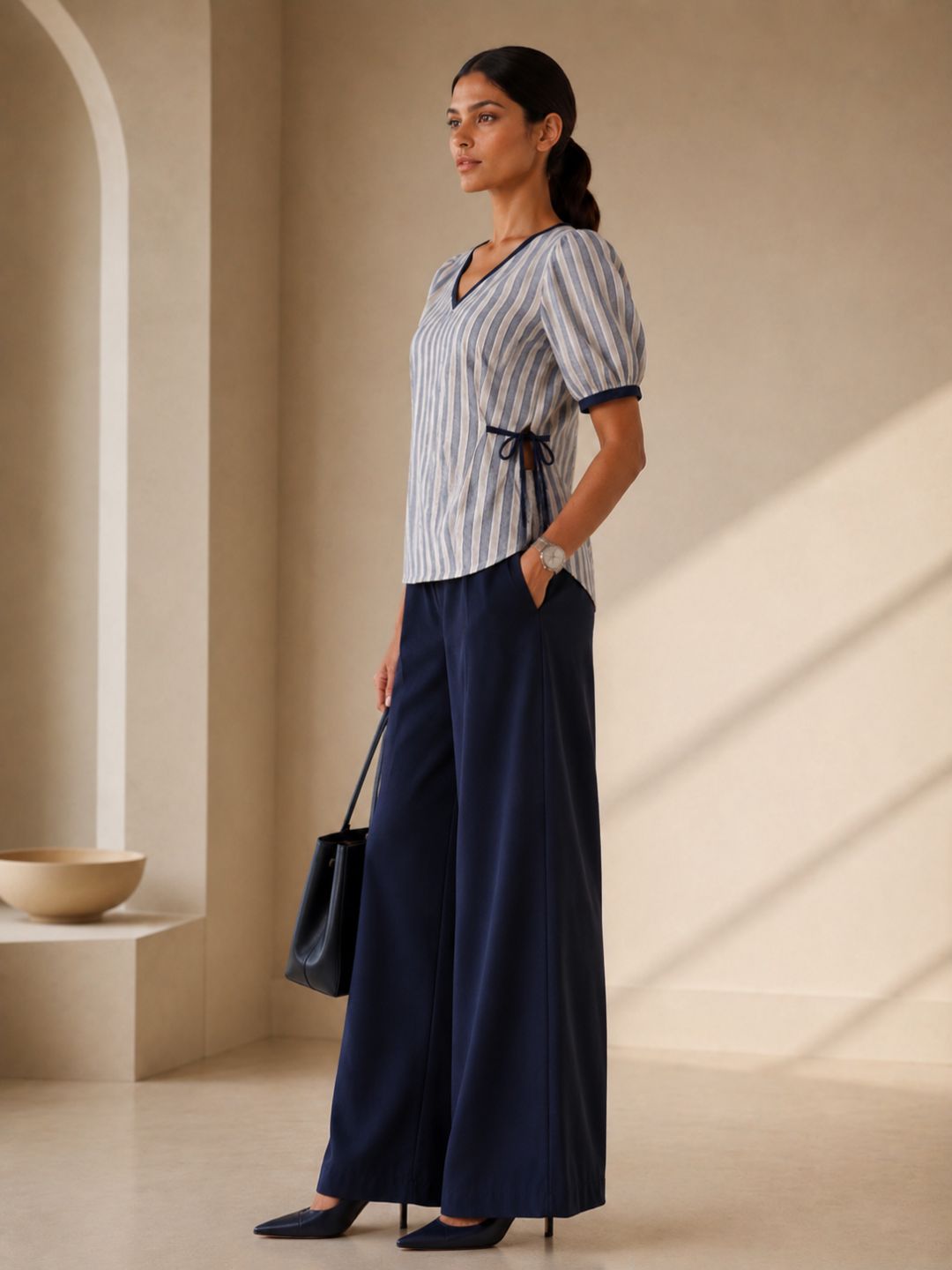 Women Cotton/linen blend Fabric Side tie up top puff sleeves