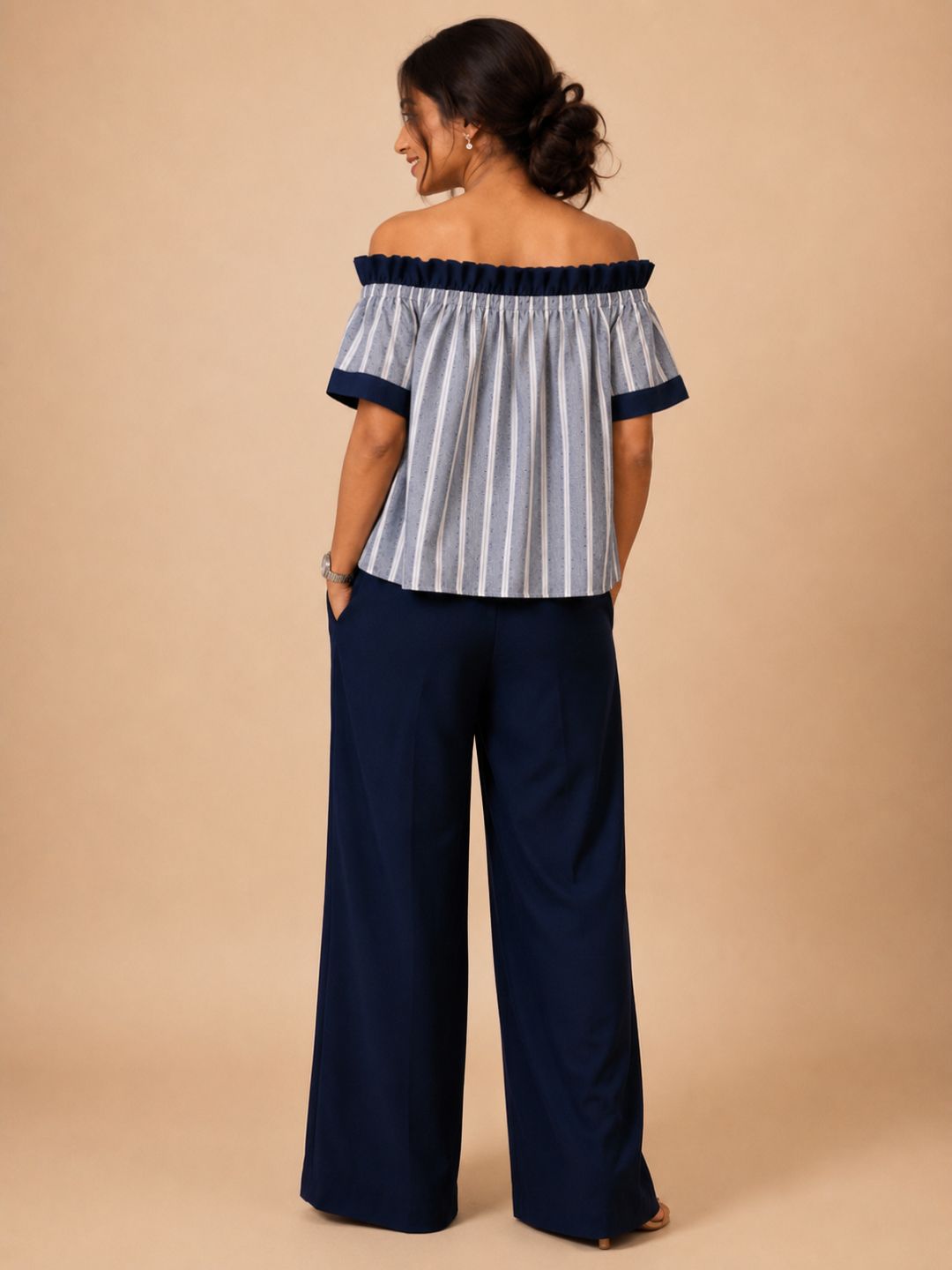 Women Cotton/linen blend Fabric Frill off shoulder top