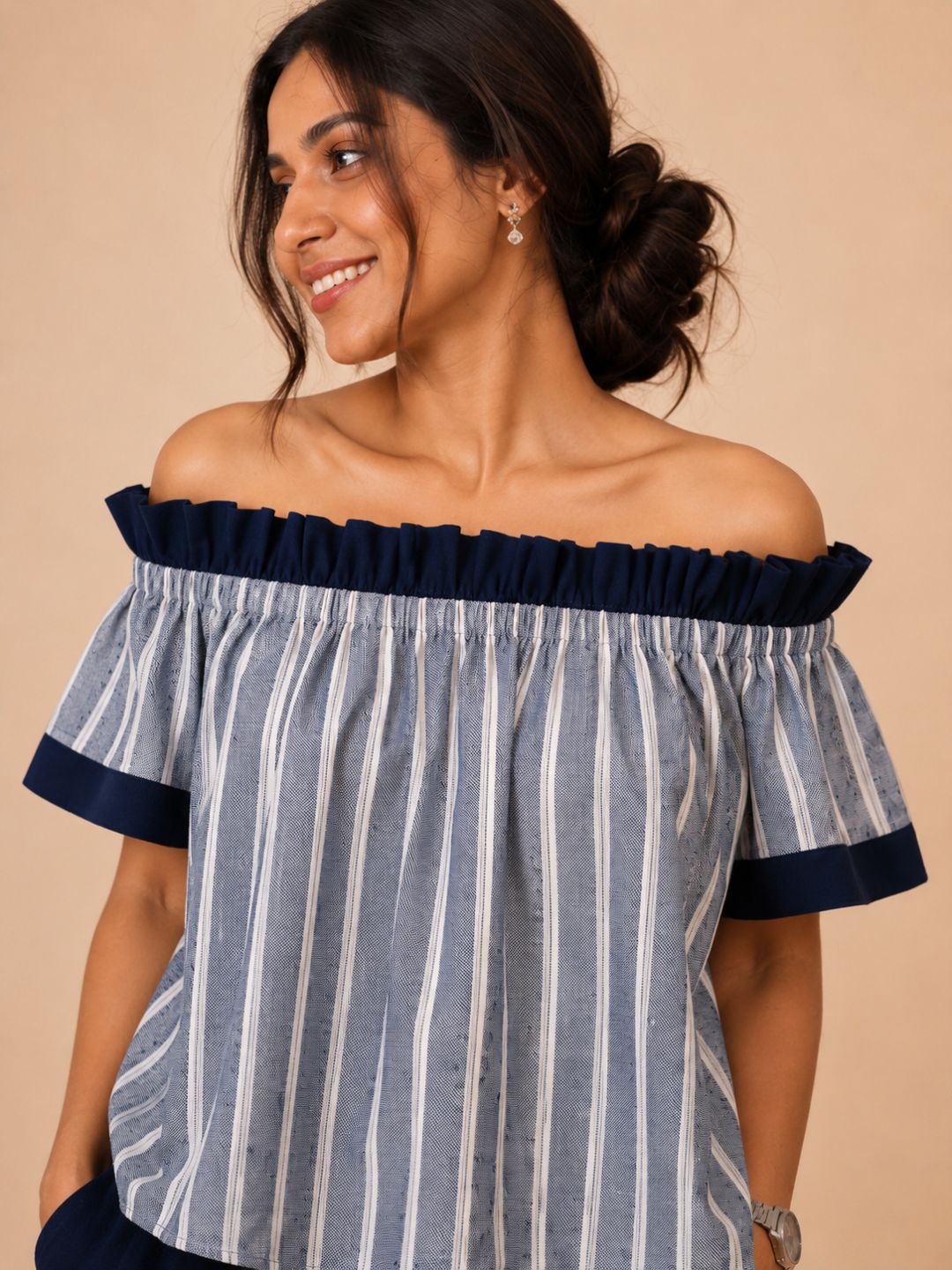 Women Cotton/linen blend Fabric Frill off shoulder top