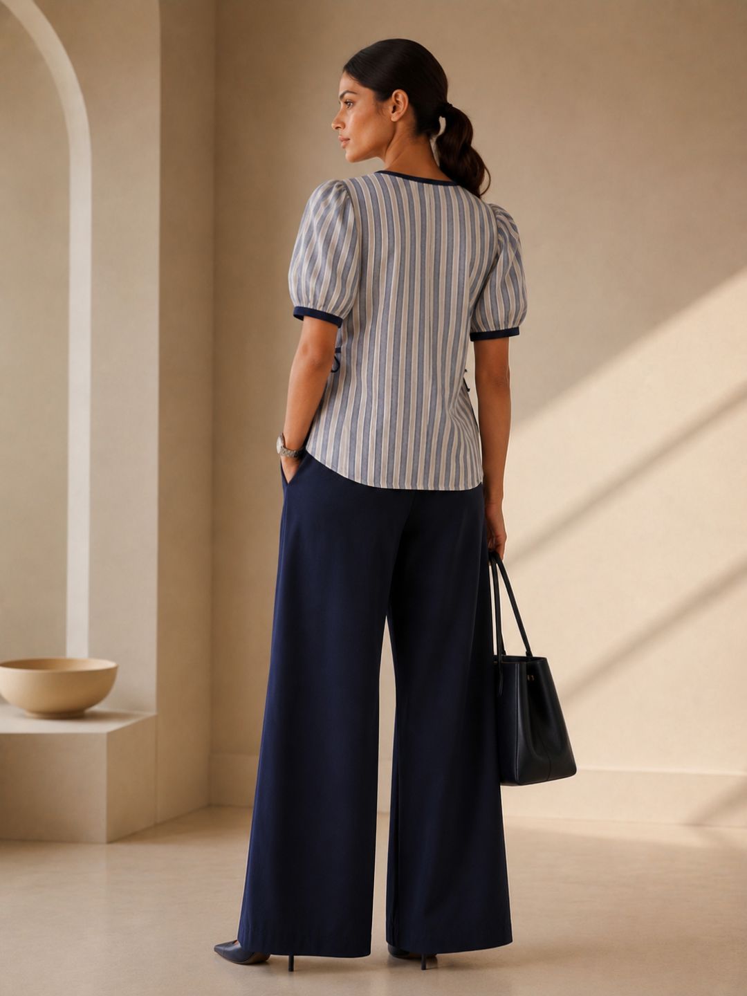 Women Cotton/linen blend Fabric Side tie up top puff sleeves