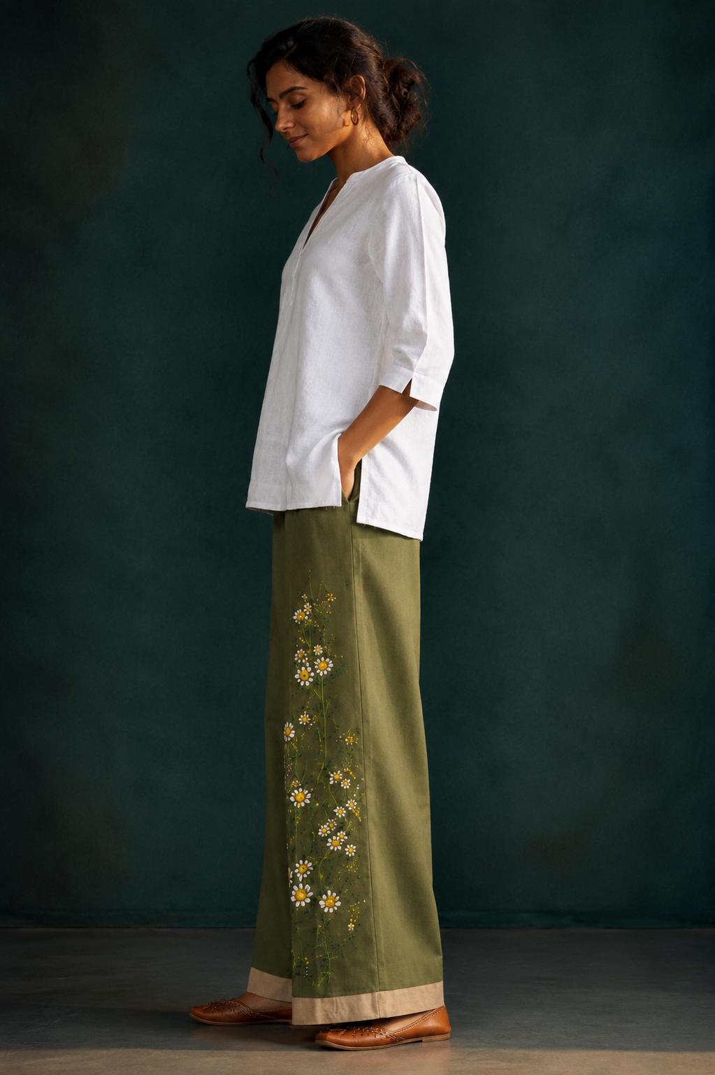 Women’s Olive Green Hand-Painted Floral Wide Leg Palazzo Pants