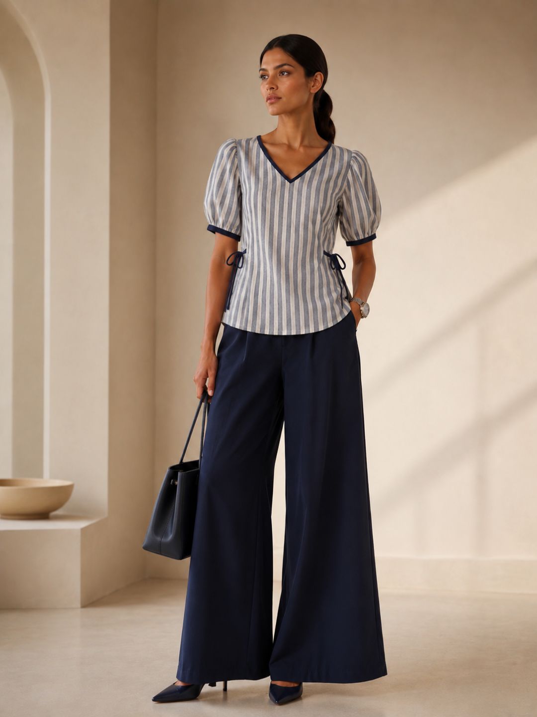 Women Cotton/linen blend Fabric Side tie up top puff sleeves