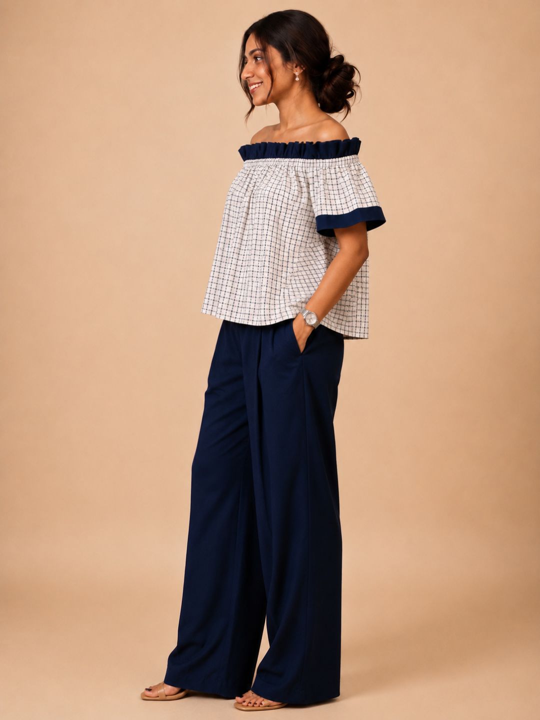 Women Cotton/linen blend Fabric Frill off shoulder top