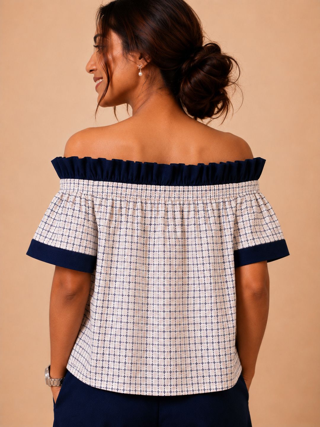 Women Cotton/linen blend Fabric Frill off shoulder top
