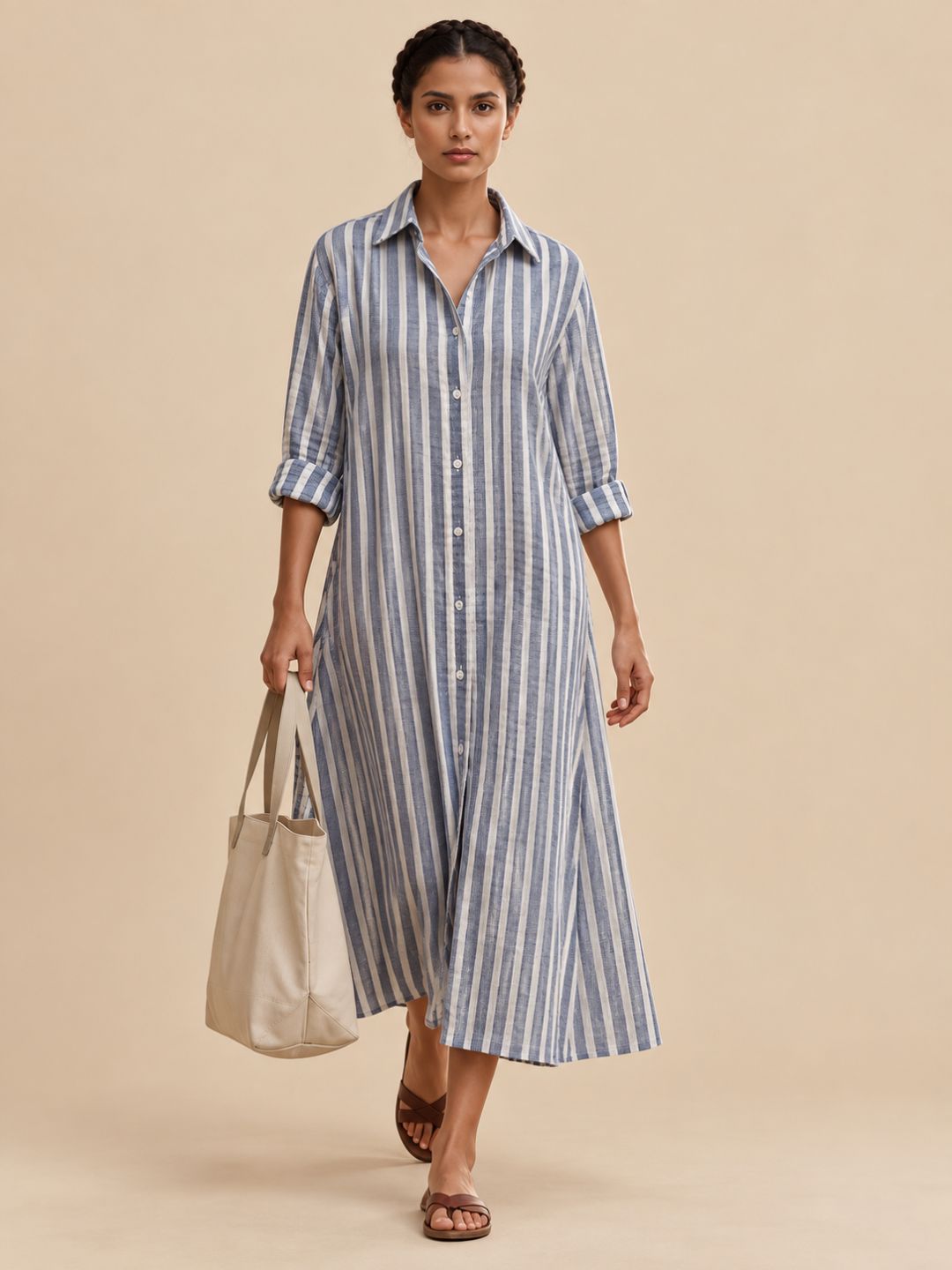 Navy Blue Stripes Long Shirt Dress