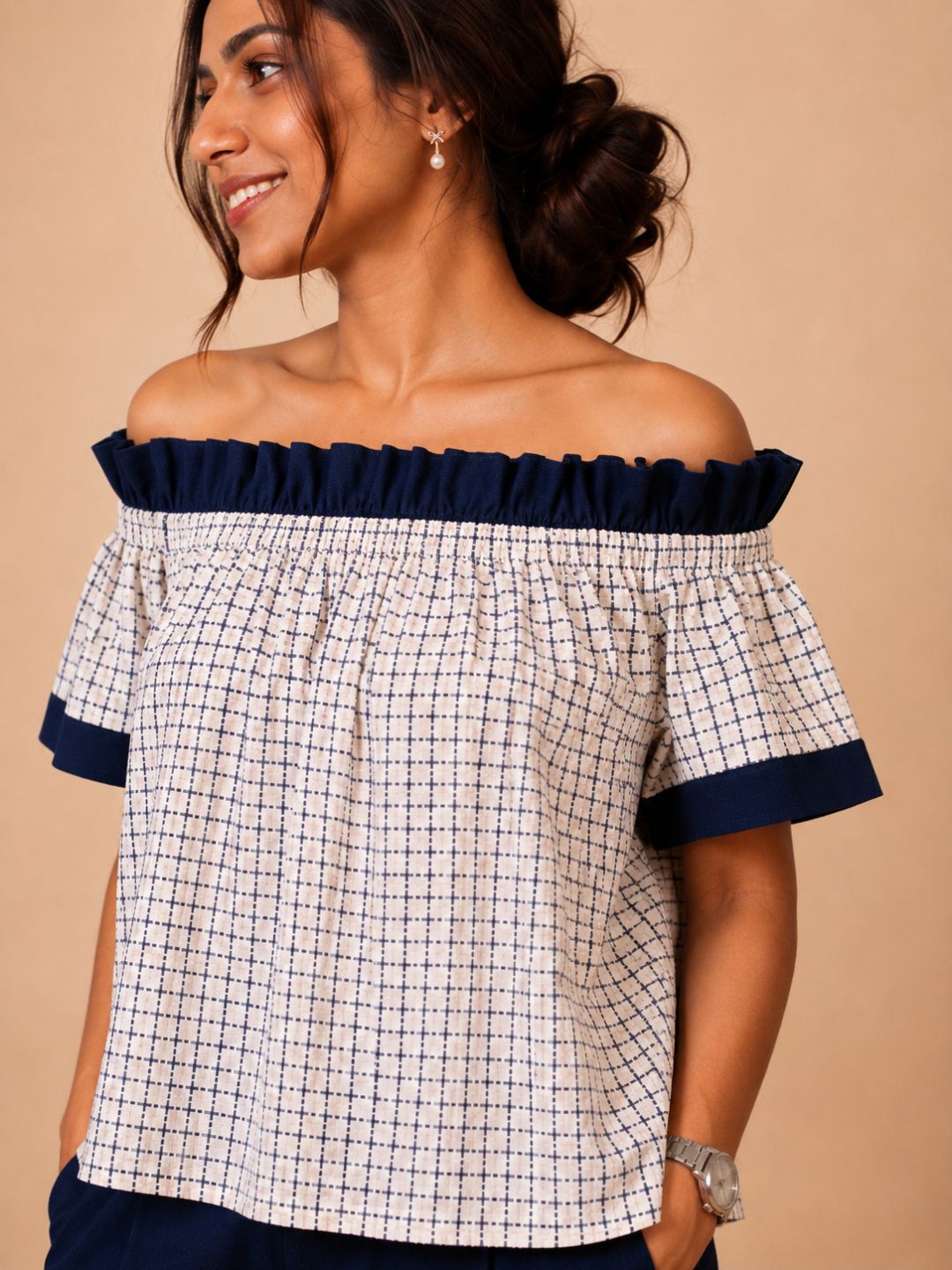 Women Cotton/linen blend Fabric Frill off shoulder top
