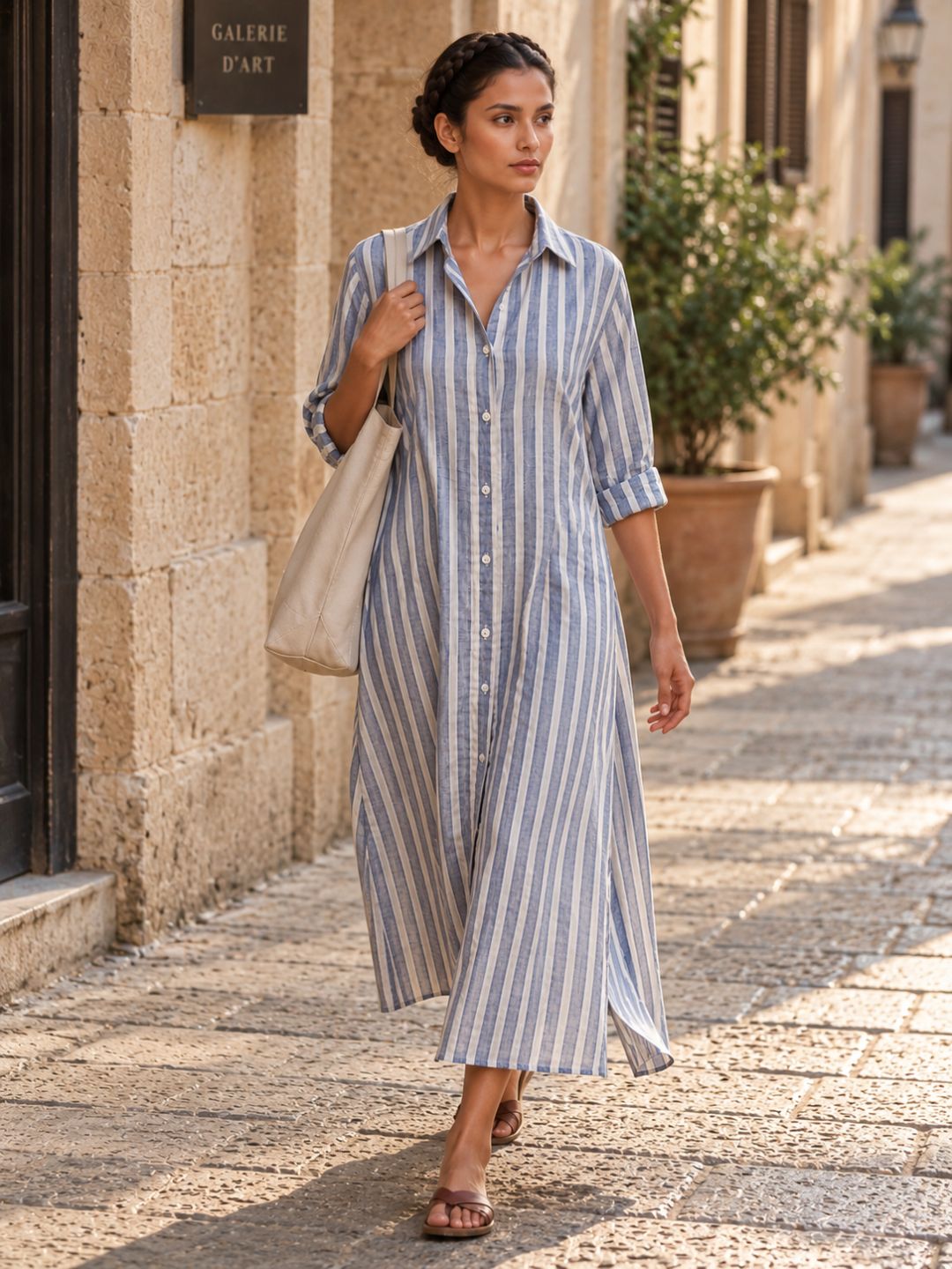 Navy Blue Stripes Long Shirt Dress