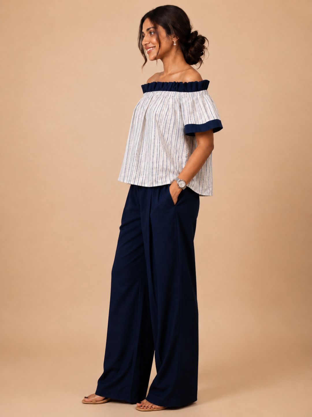 Women Cotton/linen blend Fabric Frill off shoulder top