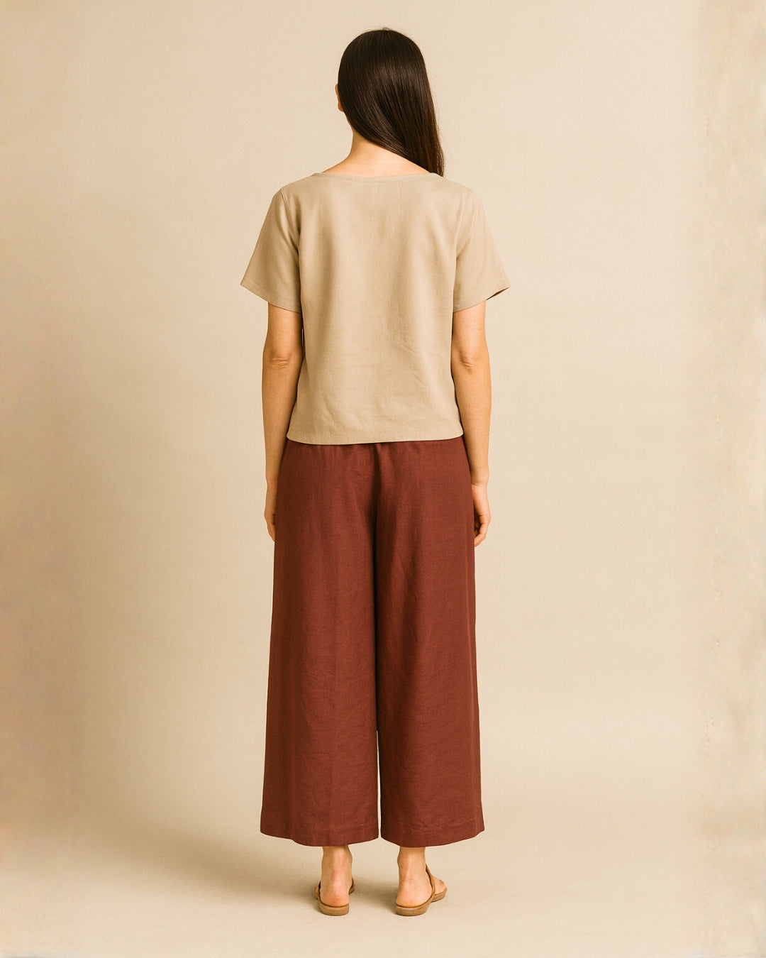 Women’s Beige Cotton Top & Dark Brown Cotton Pant Set