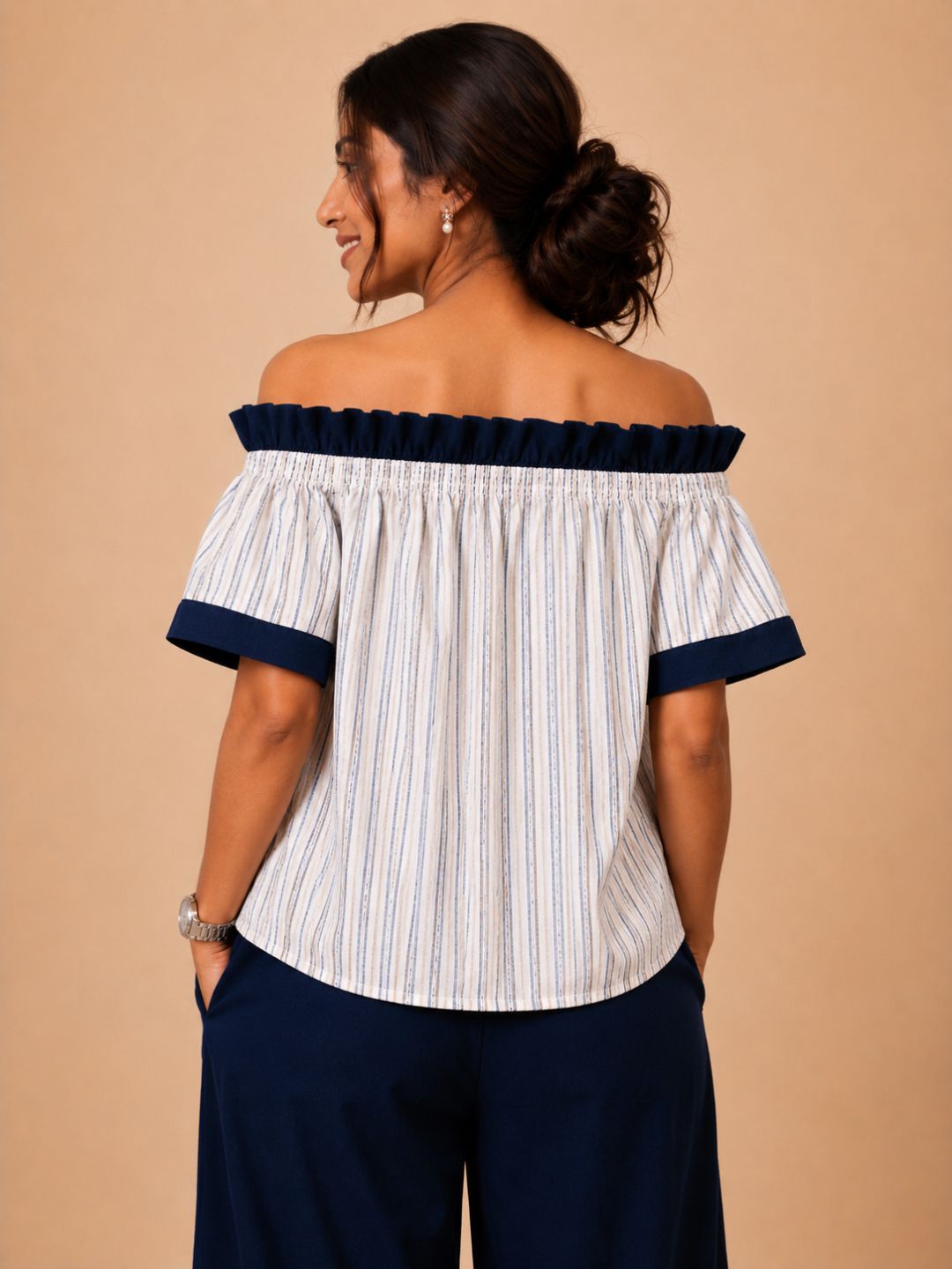 Women Cotton/linen blend Fabric Frill off shoulder top