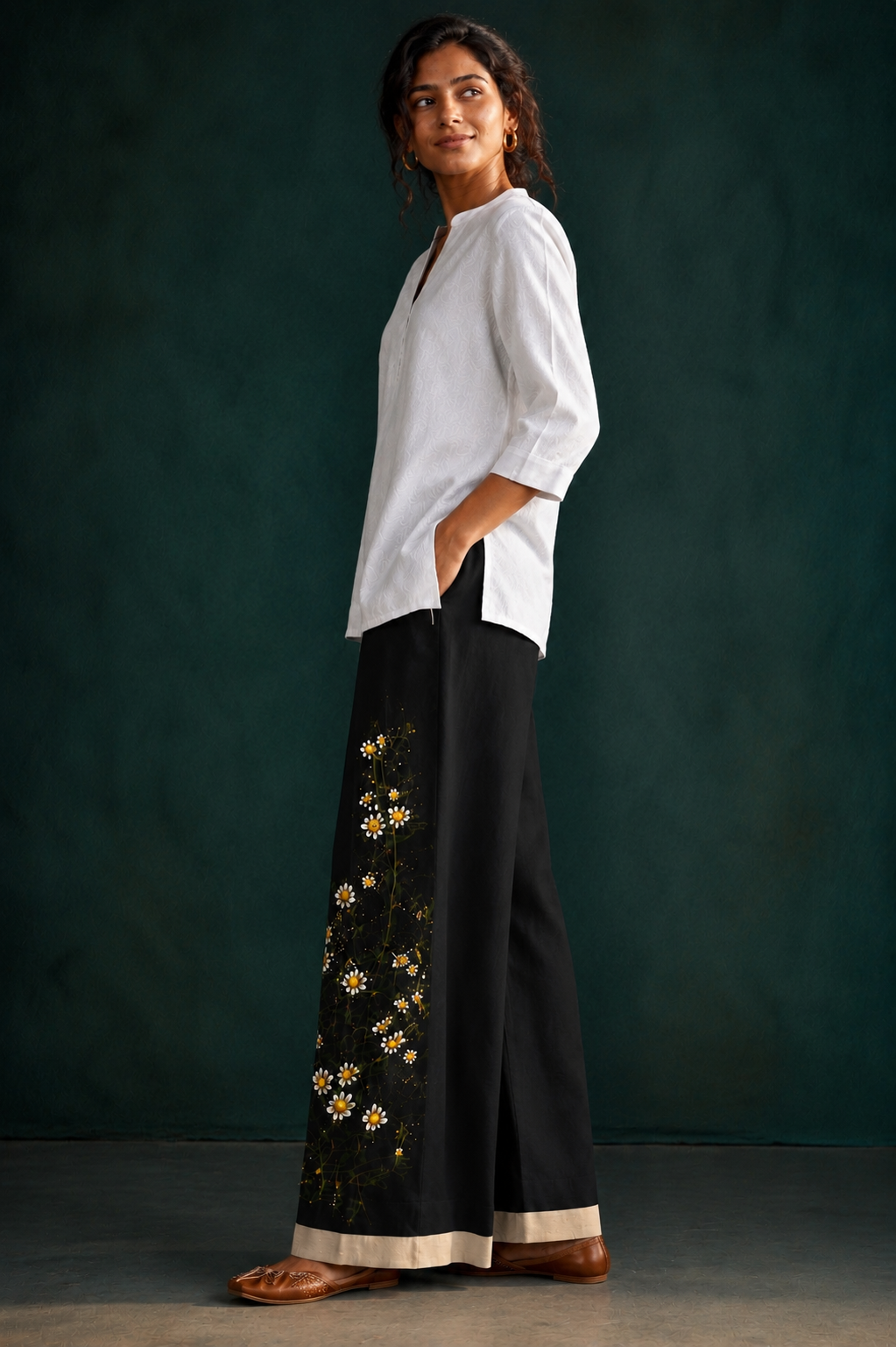 Women’s Black Hand-Painted Floral Wide Leg Palazzo Pants