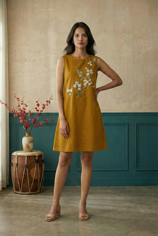 Mustard Sleeveless A-Line Hand Painted Dress