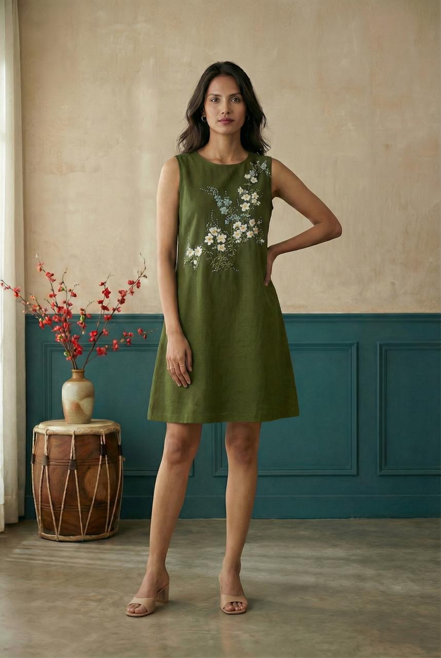 Olive Sleeveless A-Line Dress