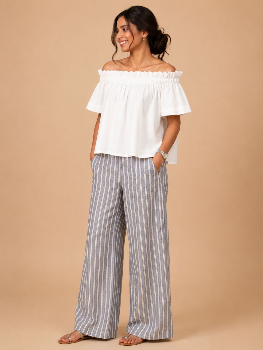 Women Cotton/linen blend Fabric Frill off shoulder top