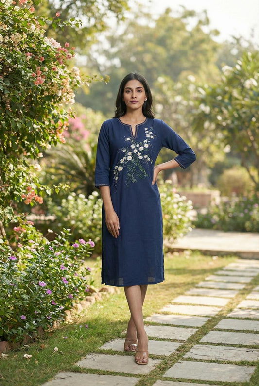 Women A-Line Below-Knee Cotton Blend Hand-Painted Dress